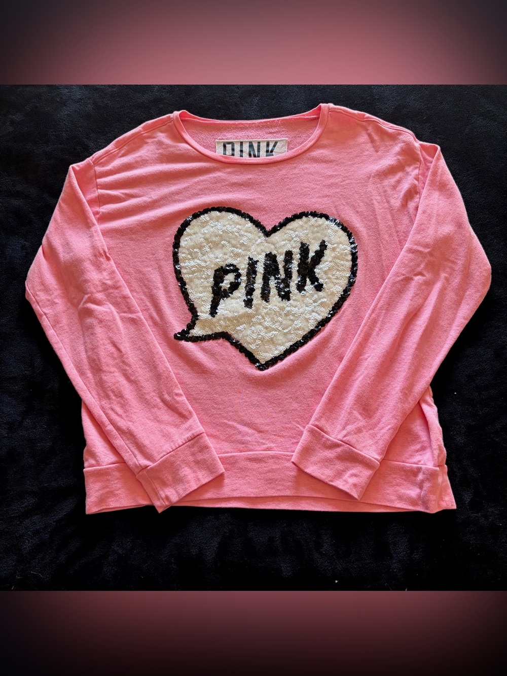 PINK Victoria's Secret Pink Sequin Heart Bubble Long Sleeve Tee